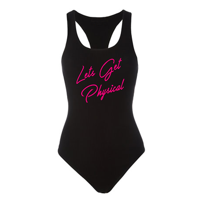 Let's Get Physical Black Racerback Bodysuit- 80s Costume Workout Funny One  Piece