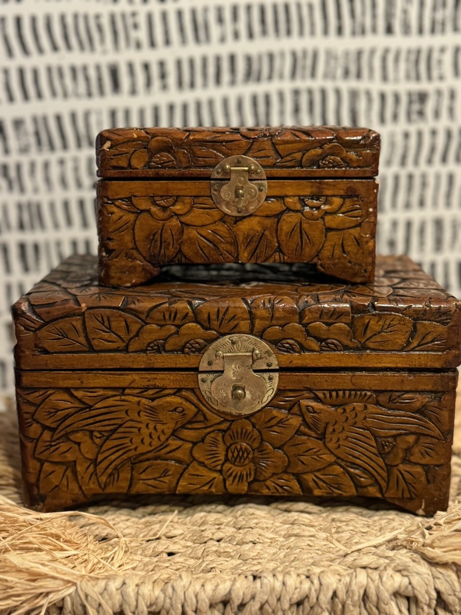 Chinese Carved Camphor Lacquered Wooden Boxes With Brass Closure