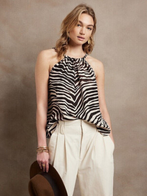 NWT $150 Banana Republic Fino Silk Halter Top Back Bow Animal Zebra Print XS