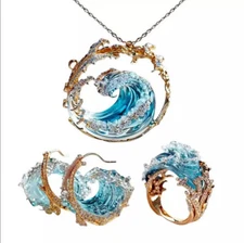 Ocean's Oath Jewelry Set, Boho Blue Ocean Wave Necklace Earring Rings 3pcs Set