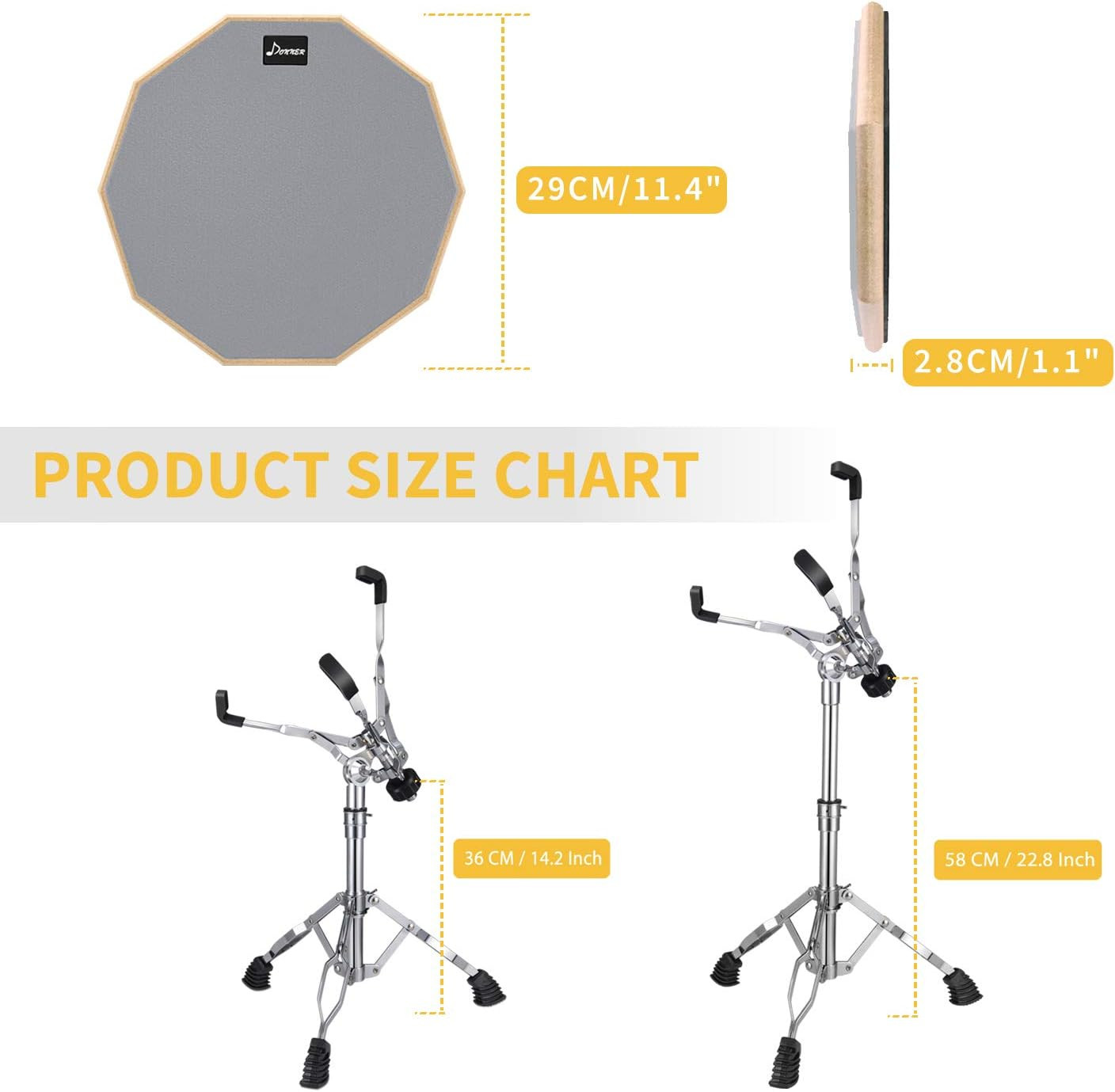 Snare Drum Stand Set with Drum Practice Pad, 12'' Double-Sided Silent Drum Pad S
