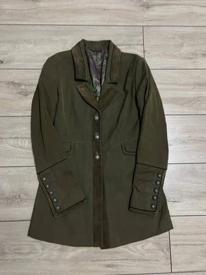 Women's Meindl Long Jacket Coat Cotton Leather Khaki Loden Trachten sz 36 Janker - Photo 1/4