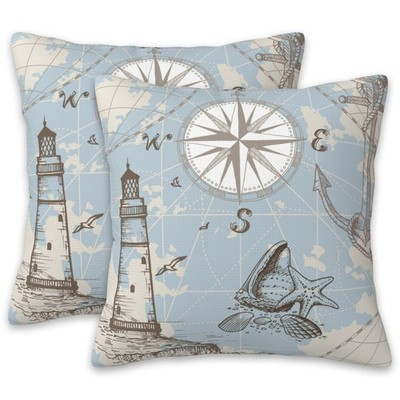 Blue Nautical Map Pillow Covers 18X18 Set of 2, Sea Compass Lighthouse Decora...