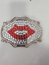 Belt Buckle Rhinestone with Lips Silver Tone Metal