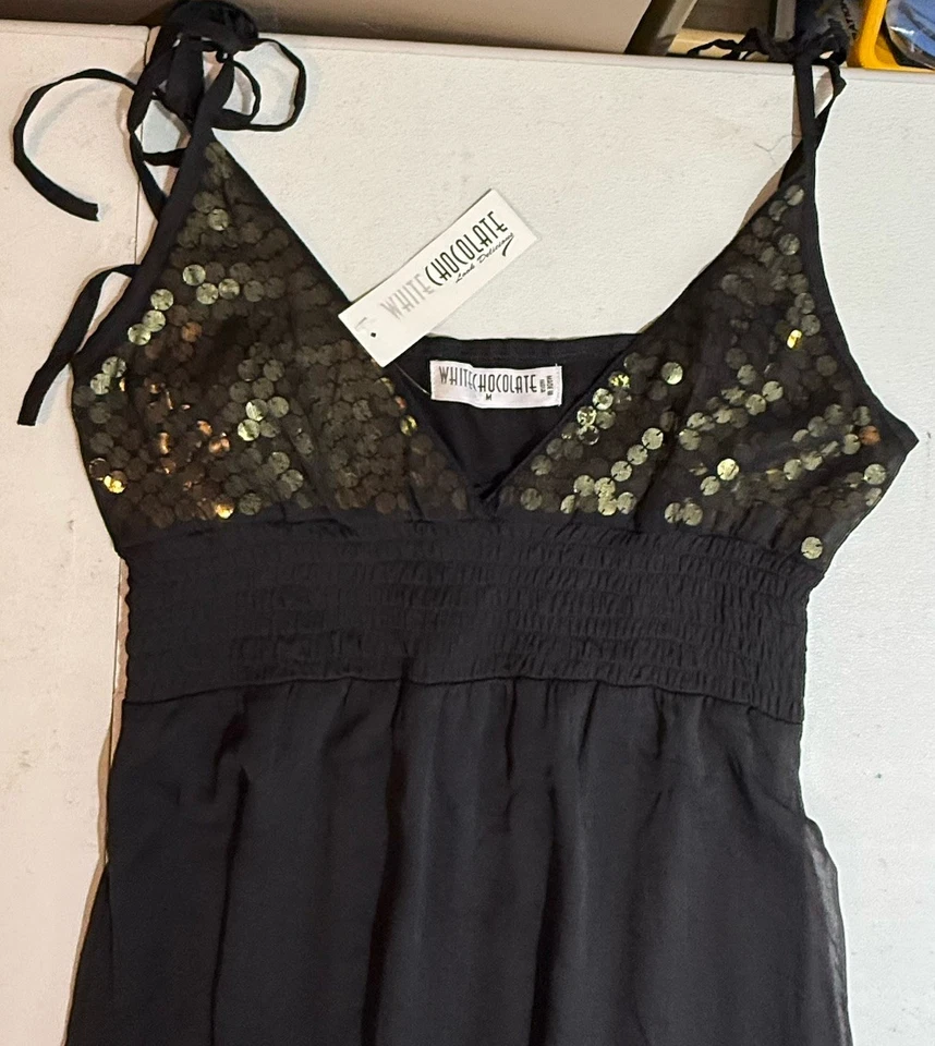 Белый шоколад женщин черное золото блестки платье Sz M галстук наплечные ремни - Изображение 4 из 4