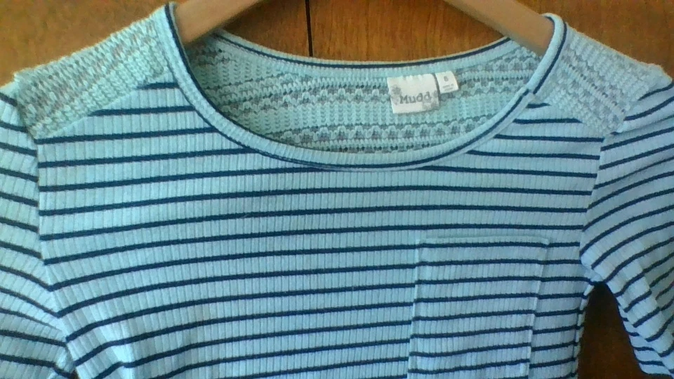 Vestido Mudd Niñas Talla 6 Azul Rayas Corto Slv Encaje Superior 1 Bolsillo Elástico ¡Lindo! Foto 2 de 4