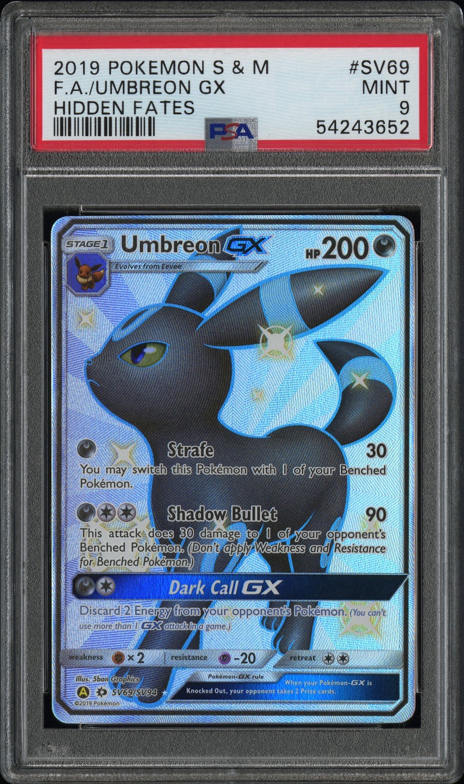 2019 POKEMON SUN & MOON HIDDEN FATES #SV69 FA/UMBREON GX HIDDEN FATES PSA 9