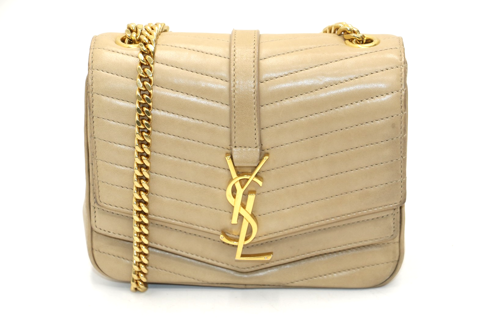 Saint Laurent 2018 Borsa a tracolla piccola Chevron in pelle di agnello Sulpice Beige