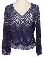 NWOT CHICO'S WOMEN'S PURPLE WHITE EMBELLISHED TOP BISHOP SLEEVE ELASTIC BOTTOM 0