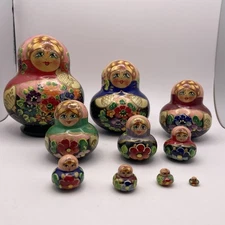 Vtg 10 Pc Signed Matryoshka Nesting Doll Hand Painted Wood Russian Floral Gold