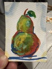 aceo original abstract painting of a pear fruit acrylic marker painting 2.5x3.5