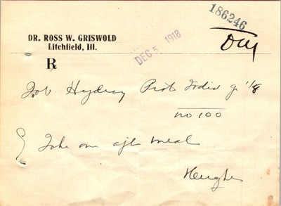 1918 Flu Pandemic Dr Griswold Prescription Corner Drug Store Litchfield IL Rx