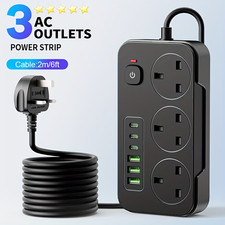 3 Way UK Multi Plug Extension Lead 6 USB Power Strip Surge Protector Adaptor 13A