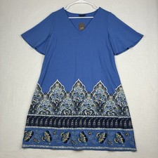 J.JILL Wearever Size M Stretch Paisley Border Tee Dress Short Sleeve Blue V neck