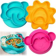 Toddler Silicone Non Slip Divided Plates 3 Difft Fun Designs Lion, Monkey