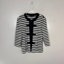 Ming Wang Sweater Womens Large Navy White Stripe Open Front Cardigan Jacket