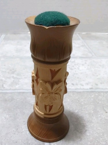 Antique Carved Wood Pin Cushion Sewing Tool Switzerland 4 Inches Tall - 第 1/5 張圖片