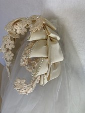 Vintage Ivory Wedding Veil Headband MCM Floral Lace Satin Ribbon Bow Pearl