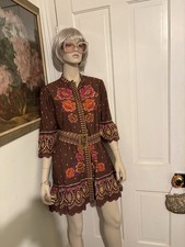 NEW FARM Rio Gigi Tapestry Brown Mini Dress Beaded Buckle Red Floral Size L