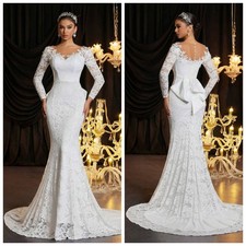 Mermaid Long Sleeved Wedding Dress Layered Decal Lace Tulle Prom Bridal Gown