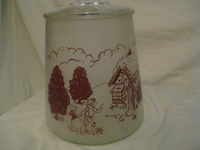 VTG MCM Frosted Glass Cookie Jar w/ Hansel & Gretel-Ginger Bread House