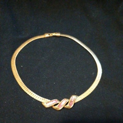 S.A.L Swarovski Gold-Tone Herringbone Necklace Pink Rectangle Rhinestone Accents