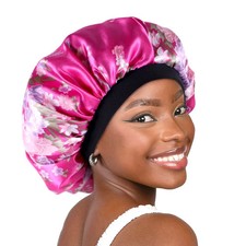 Women Satin Bonnet Elastic Wide Band Floral Printing Night Sleep Hat Hair Loss H