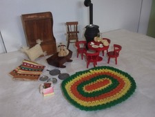LOT VINTAGE DOLL HOUSE FURNISHINGS WOOD STOVE BABY IN CRADLE TABLE & CHAIRS ETC