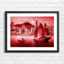 Chinese Junk Boat Hong Kong Skyline Red Framed Wall Art Print Large Picture Home