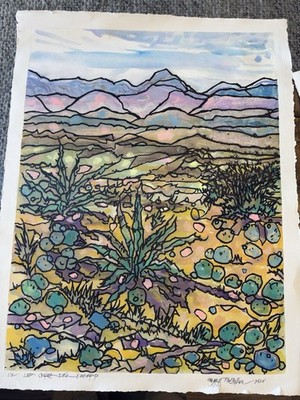 Watercolor Desert Mountains  De Las Olores del Desierto  Cactus Landscape 25x33