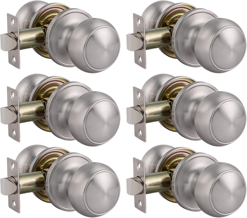 6 Pack Interior Door Knobs, Brushed Nickel Passage Door Handle Knobs, Closet Doo