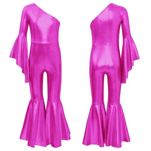 Kids Girls Metallic Shiny Bell-Bottom Dance Jumpsuit Ballet Jazz Dance Costumes - Picture 12 of 31
