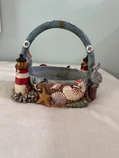 Solid Resin Nautical Lighthouse Basket, Coastal Tabletop Decor