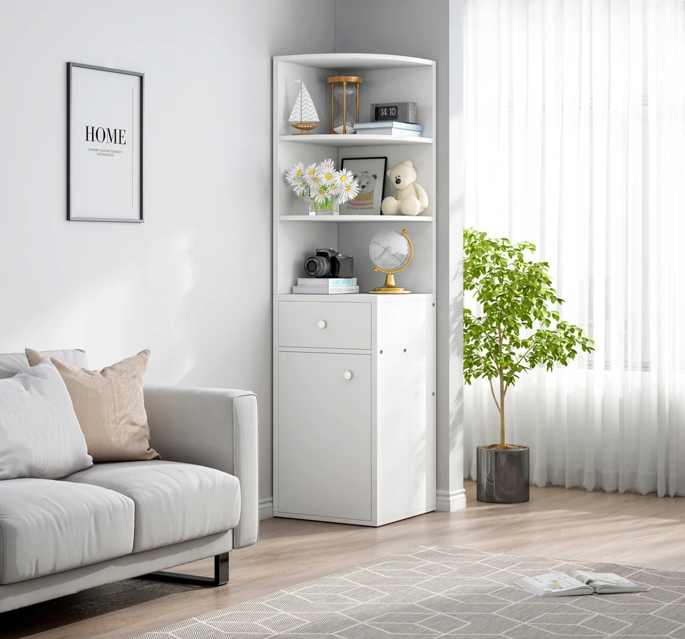 Vision Stylish Wooden Corner Shelf Unit with Cabinet & Drawer (White) - image 2 of 4