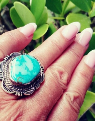 Size 8 Navajo Kingman Turquoise Sterling Signed Ring By Cecil Atencio - Picture 7 of 12