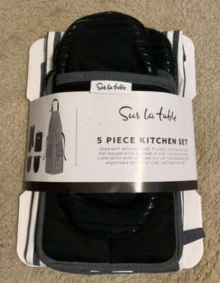 Sur La Table 5pc Black Kitchen Set Apron Oven Mitt W/Silicone Pot Holder & Mini
