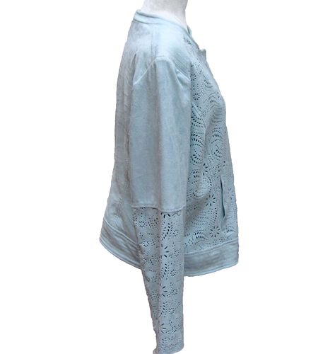 Pale Blue Faux Suede Jacket Floral Cutout Zippered Chicos Womens Size 2 L 12 - Picture 2 of 11