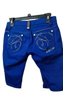 Coogi Rainbow Embroidered Pocket Bermudas Denim Stretch Shorts, Blue, Size 3/4,