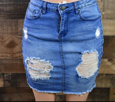 WOMEN'S AMERICAN BAZI DESTROYED/SIDE LACE UP DENIM SKIRT
