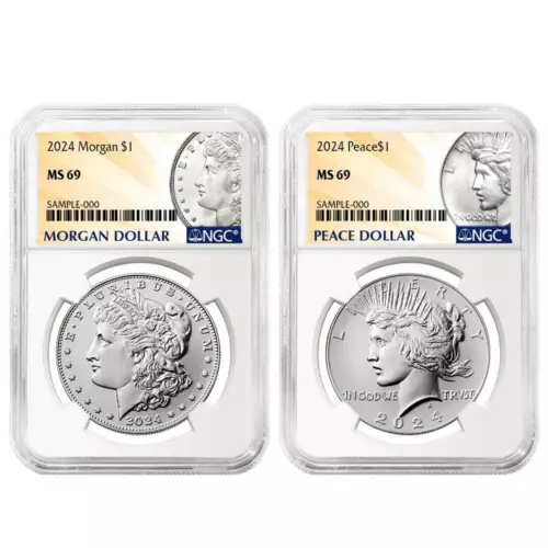 2024 $1 Morgan and Peace Silver Dollar 2pc Set NGC MS69 Morgan & Peace Label