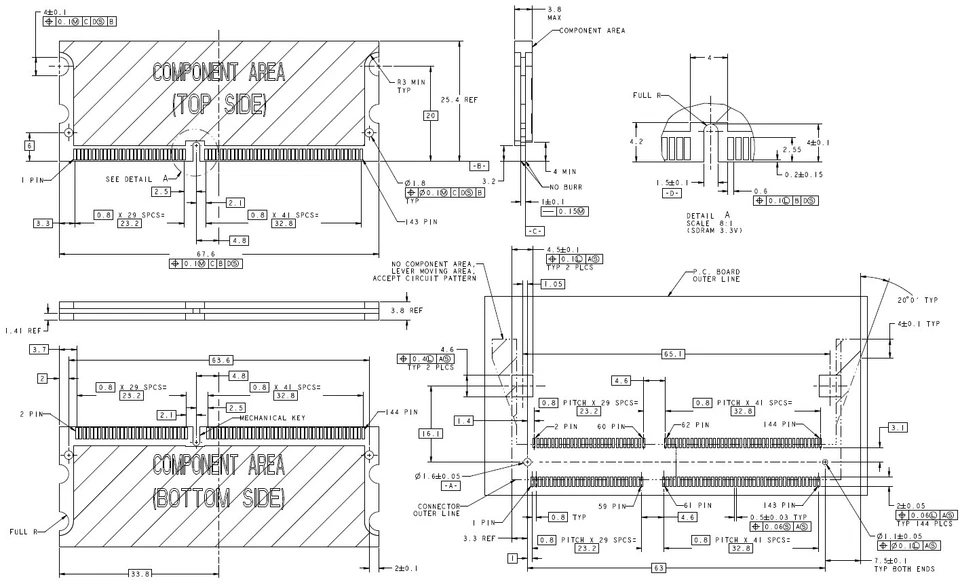 Memory Expansion Socket Slot, SDRAM 144pin 3.3V SODIMM 0.8 Pitch TE C-390113-1 - Image 2 of 2