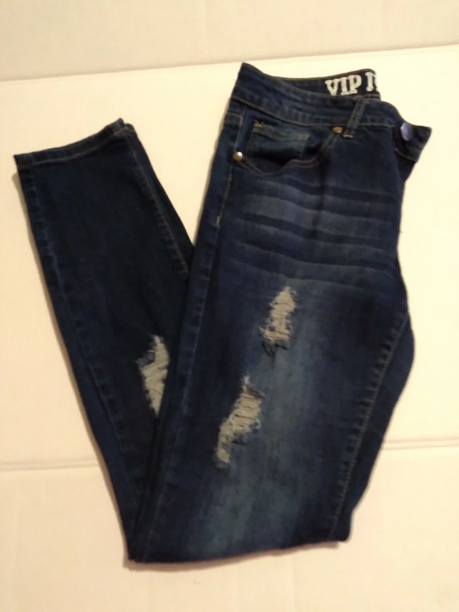 ☆VIP JEANS WOMEN'S JEANS STRETCHY DARK BLUE RIPPED AND HOLE STYLE