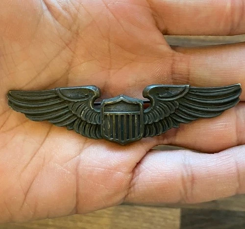 WW2 US Army Air Corps Force Pilot Wings Sterling Silver Pinback Military