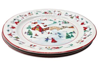2 Vintage Faberware White Christmas Dinner Plates Multicolor Holiday - Read