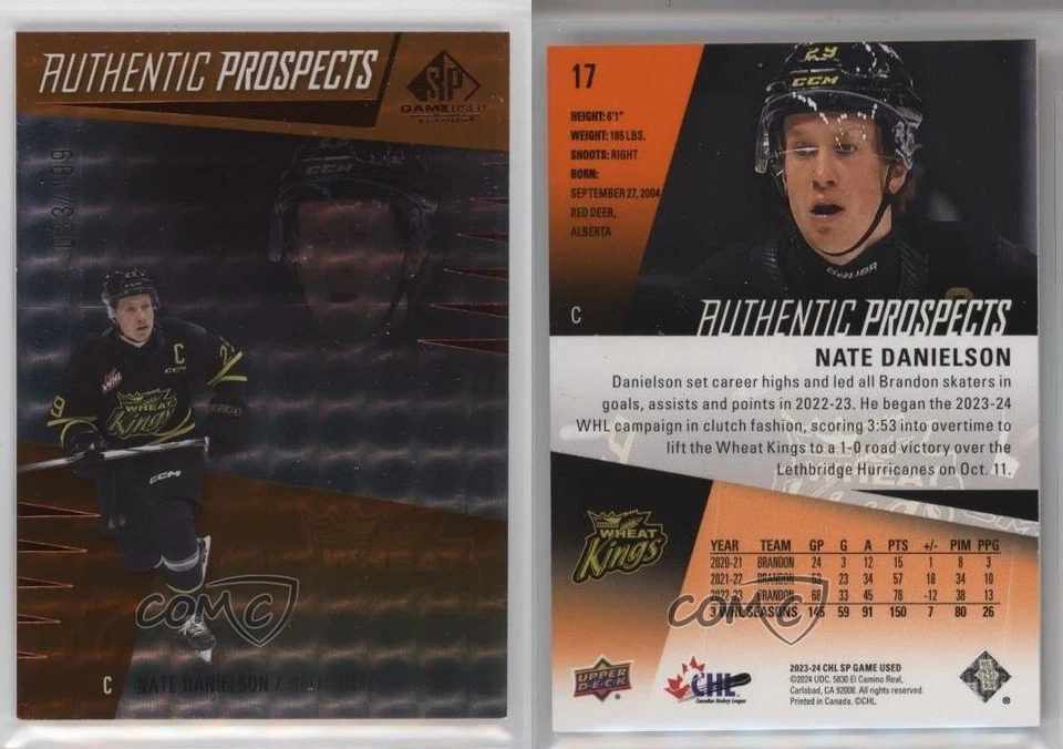 2023 SP Game Used CHL Edition Orange Patterned Foilboard /499 Nate Danielson #17 - Image 3 of 3