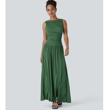 Halara Forest Green Ruched Sleeveless Maxi Dress with Pockets Size L NEW