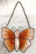Stained Glass Sun Catcher Butterfly Gold/Silvertone Orange Hanging Decor