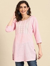 Indian Women Pink Embroidered Cotton Solid Kurta Kurti Top Tunic New Dress