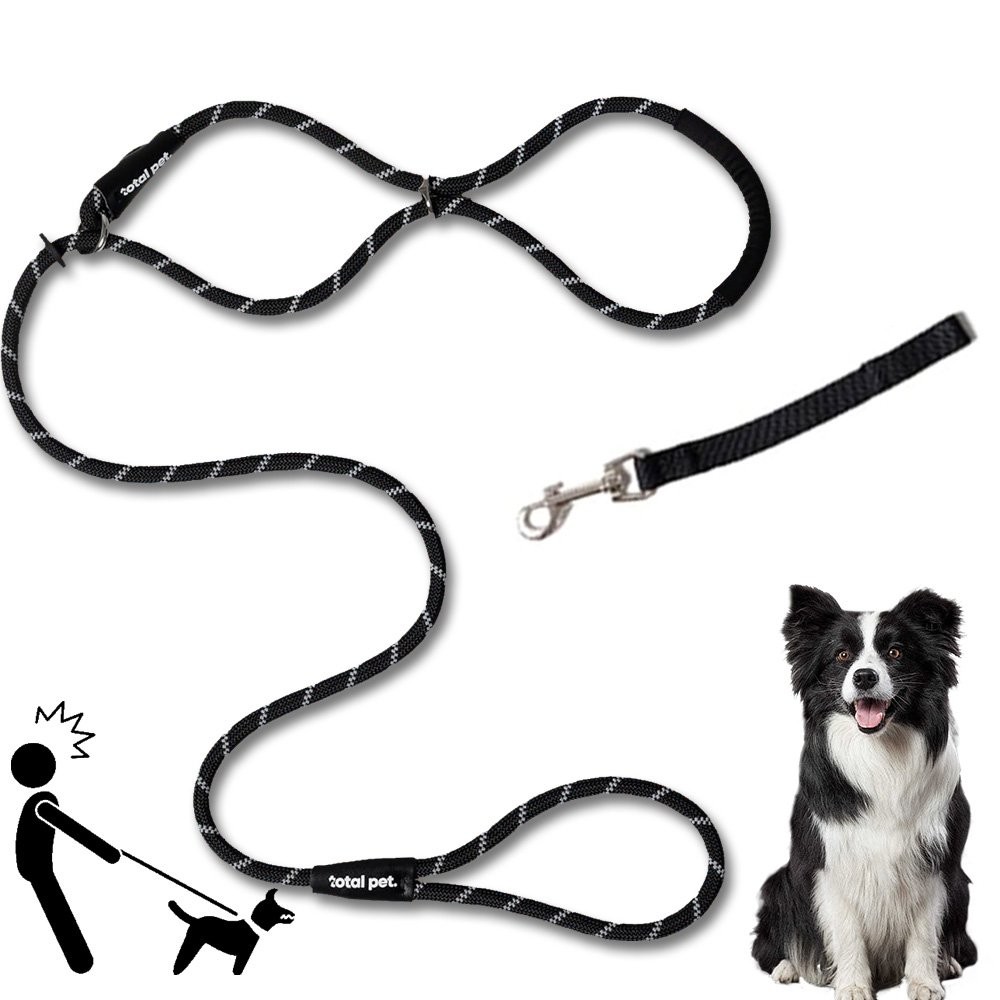 Anti-Pull Dog Lead Figure 8 Rope Slip Lead with Padded Nose Support - Black