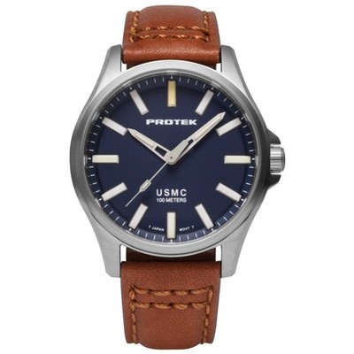 Protek Men's Watch USMC Series Quartz Dark Blue Dial Dark Tan Leather Strap 3103